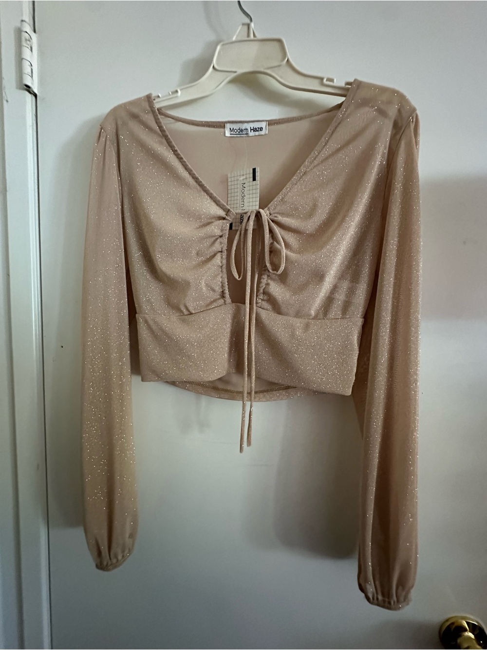 Women's Shimmer Tie-Front Long Sleeve Top in Beige